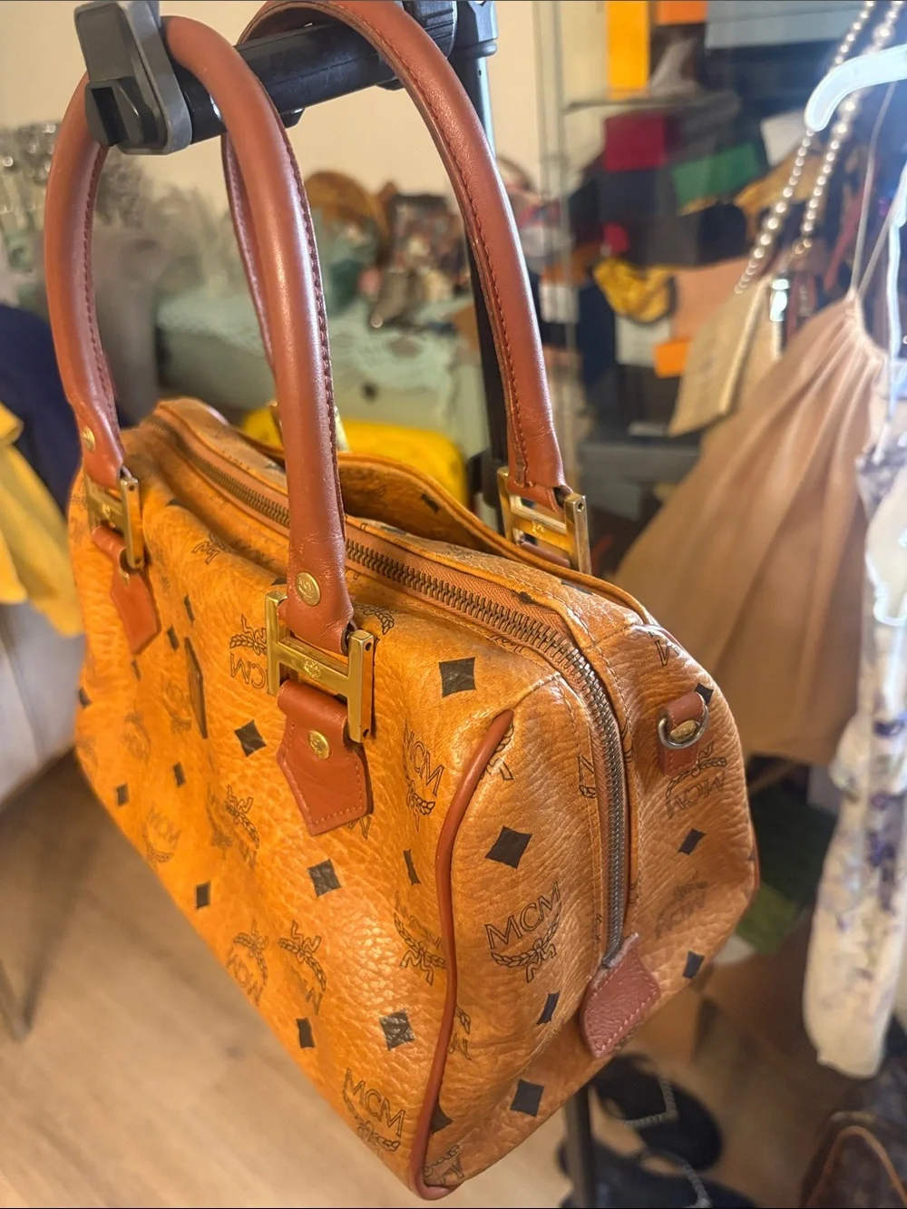 MCM Cognac Brown Visetos Monogram Satchel